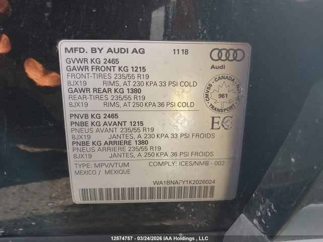 Aukcja sprzedaży 2019 Audi Q5 45 Progressiv, vin: WA1BNAFY1K2026024, numer aukcji: 12574757