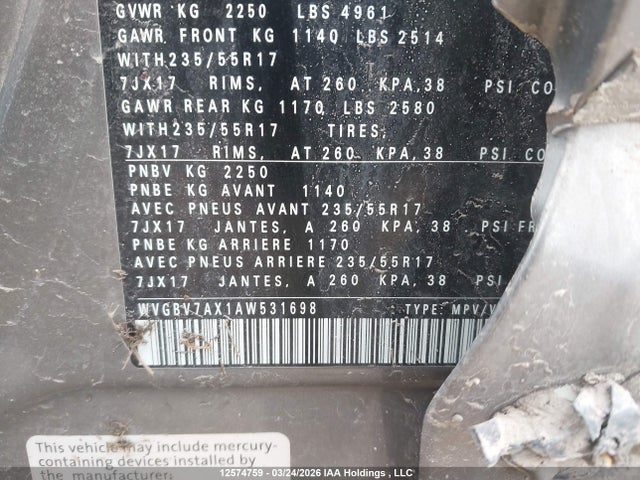 12574759 :رقم المزاد ، WVGBV7AX1AW531698 vin ، 2010 Volkswagen Tiguan Se/sel مزاد بيع
