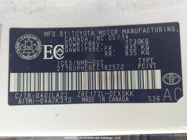2014 Toyota Corolla S მანქანა იყიდება აუქციონზე, vin: 2T1BURHE0EC182572, აუქციონის ნომერი: 12574765