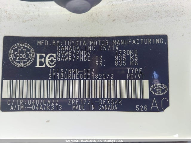2014 Toyota Corolla S მანქანა იყიდება აუქციონზე, vin: 2T1BURHE0EC182572, აუქციონის ნომერი: 12574765