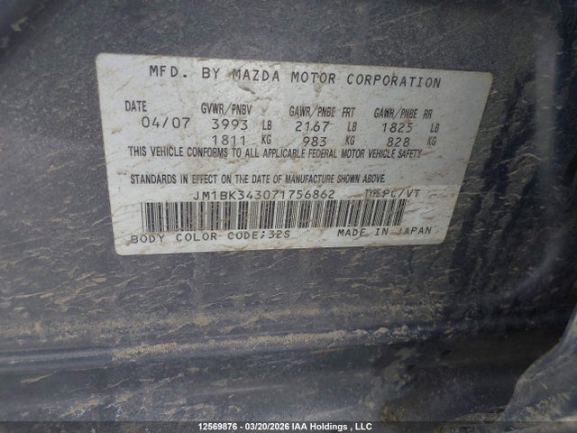 2007 Mazda Mazda3 Gs/gt მანქანა იყიდება აუქციონზე, vin: JM1BK343071756862, აუქციონის ნომერი: 12569876