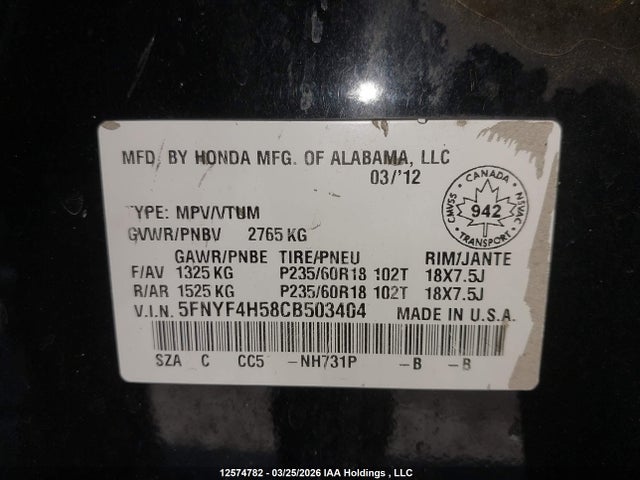 Продаж на аукціоні авто 2012 Honda Pilot Exl, vin: 5FNYF4H58CB503404, номер лоту: 12574782