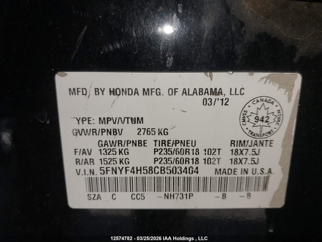 Продаж на аукціоні авто 2012 Honda Pilot Exl, vin: 5FNYF4H58CB503404, номер лоту: 12574782