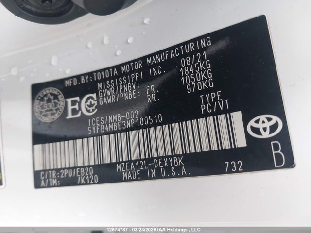 12574787 :رقم المزاد ، 5YFB4MBE3NP100510 vin ، 2022 Toyota Corolla Xse مزاد بيع