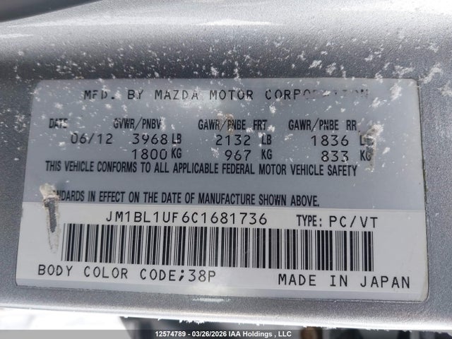 Aukcja sprzedaży 2012 Mazda 3 I, vin: JM1BL1UF6C1681736, numer aukcji: 12574789