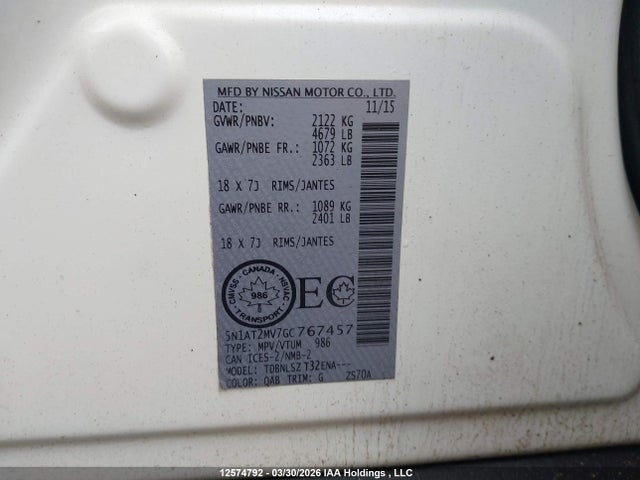 Продажа на аукционе авто 2016 Nissan Rogue S/sl/sv, vin: 5N1AT2MV7GC767457, номер лота: 12574792