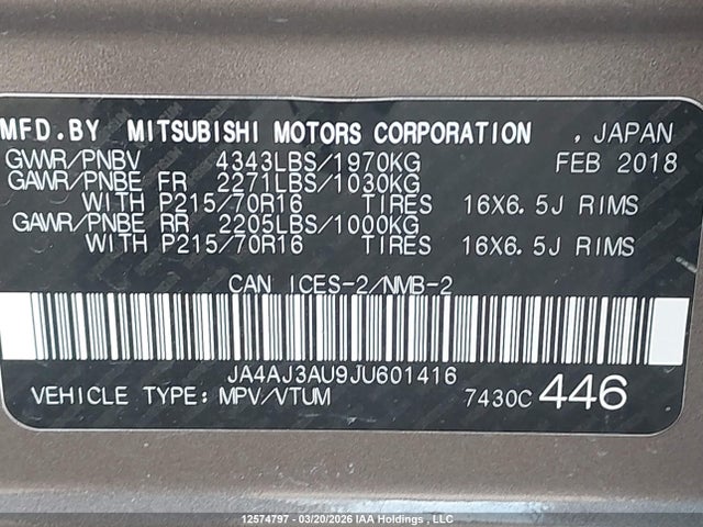 Продажа на аукционе авто 2018 Mitsubishi Rvr Se, vin: JA4AJ3AU9JU601416, номер лота: 12574797