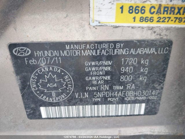 12574798 :رقم المزاد ، 5NPDH4AE0BH030147 vin ، 2011 Hyundai Elantra Gls/limited مزاد بيع