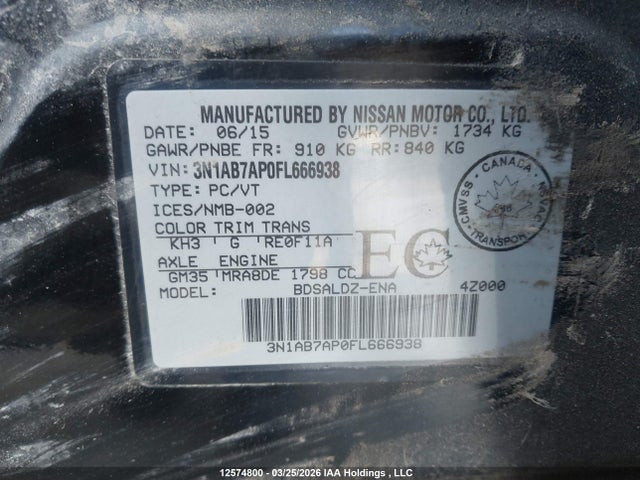 2015 Nissan Sentra 1.8 S/1.8 Sl/1.8 Sr/1.8 Sv მანქანა იყიდება აუქციონზე, vin: 3N1AB7AP0FL666938, აუქციონის ნომერი: 12574800