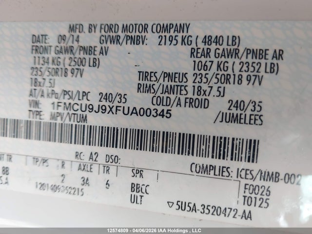 1FMCU9J9XFUA00345 Ford Escape Titanium