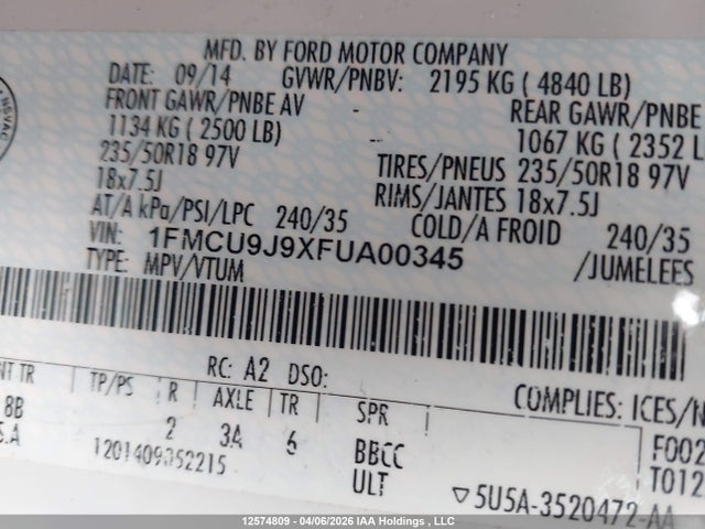 1FMCU9J9XFUA00345 Ford Escape Titanium