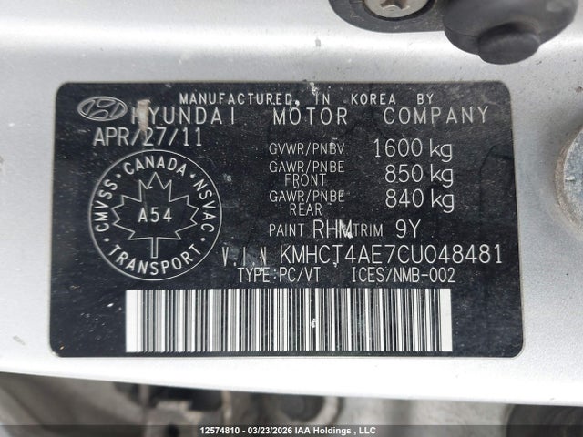12574810 :رقم المزاد ، KMHCT4AE7CU048481 vin ، 2012 Hyundai Accent Gl مزاد بيع
