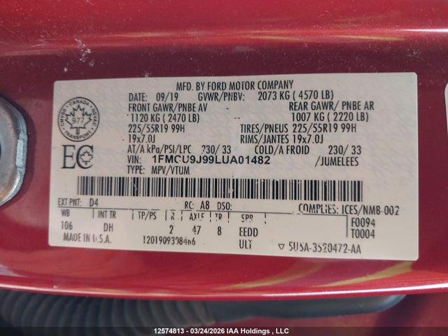 Продаж на аукціоні авто 2020 Ford Escape Titanium, vin: 1FMCU9J99LUA01482, номер лоту: 12574813