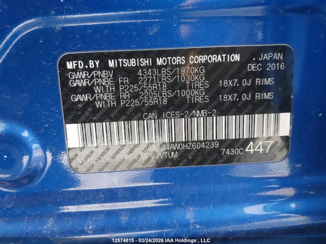 Aukcja sprzedaży 2017 Mitsubishi Rvr Se Limited/gt, vin: JA4AJ4AW0HZ604239, numer aukcji: 12574815