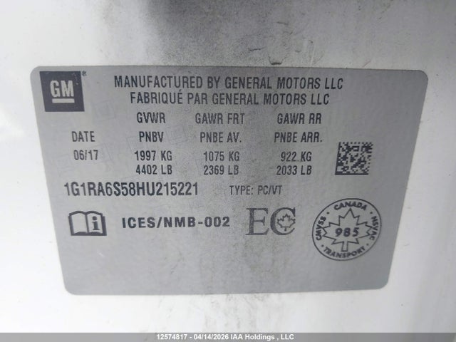 1G1RA6S58HU215221 Chevrolet VOLT LT