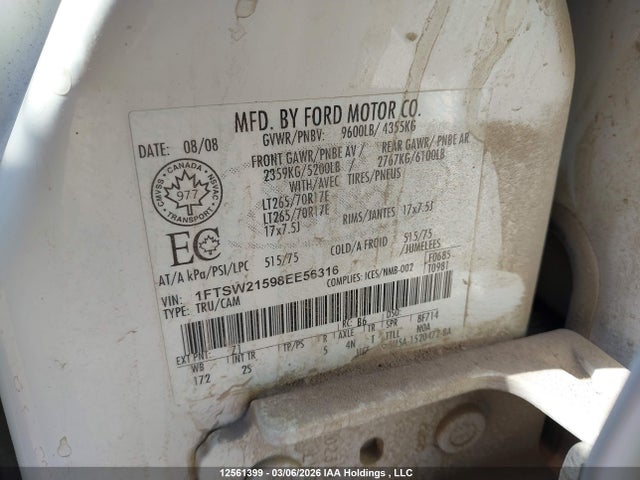 2008 Ford F-250 Xlt მანქანა იყიდება აუქციონზე, vin: 1FTSW21598EE56316, აუქციონის ნომერი: 12561399