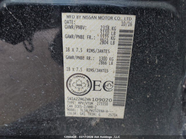 Продаж на аукціоні авто 2017 Nissan Murano S, vin: 5N1AZ2MG2HN109020, номер лоту: 12568425