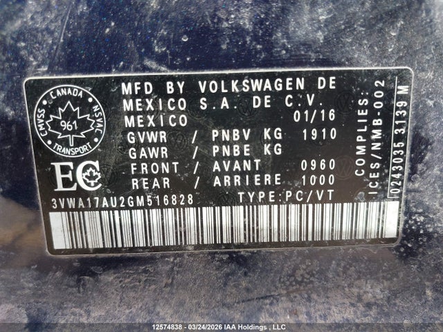 3VWA17AU2GM516828 Volkswagen Golf Sportwagen S