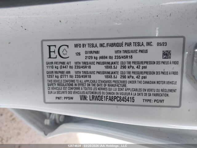 Aukcja sprzedaży 2023 Tesla Model 3 Rwd, vin: LRW3E1FA8PC845415, numer aukcji: 12574839