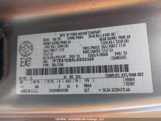12574842 :رقم المزاد ، 1FTEX1EB5LKE53329 vin ، 2020 Ford F-150 Xlt مزاد بيع