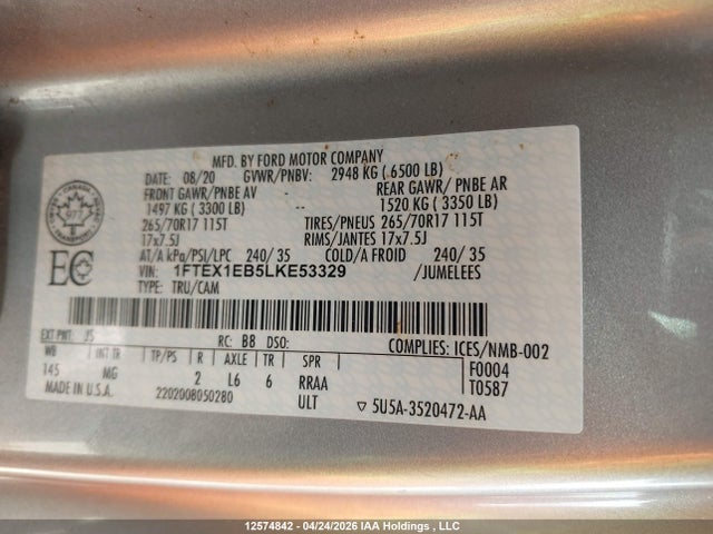 12574842 :رقم المزاد ، 1FTEX1EB5LKE53329 vin ، 2020 Ford F-150 Xlt مزاد بيع