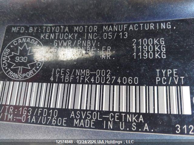 12574848 :رقم المزاد ، 4T1BF1FK4DU274060 vin ، 2013 Toyota Camry Le مزاد بيع