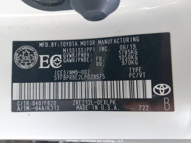 2020 Toyota Corolla Le მანქანა იყიდება აუქციონზე, vin: 5YFBPRBE2LP029575, აუქციონის ნომერი: 12574851