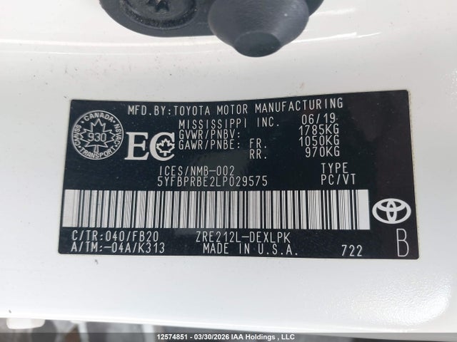 2020 Toyota Corolla Le მანქანა იყიდება აუქციონზე, vin: 5YFBPRBE2LP029575, აუქციონის ნომერი: 12574851