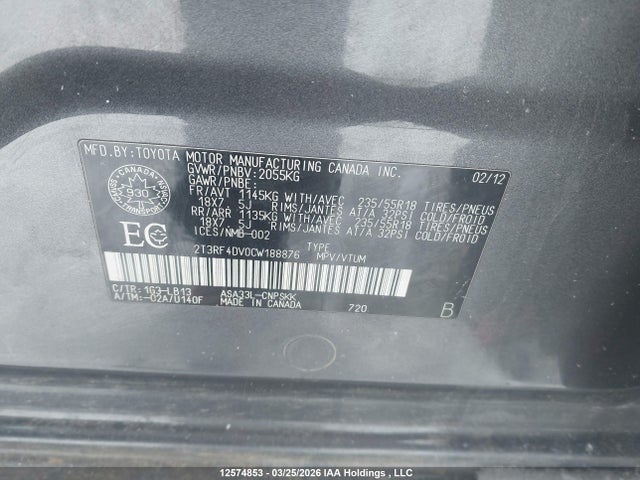 2012 Toyota Rav4 Sport მანქანა იყიდება აუქციონზე, vin: 2T3RF4DV0CW188876, აუქციონის ნომერი: 12574853