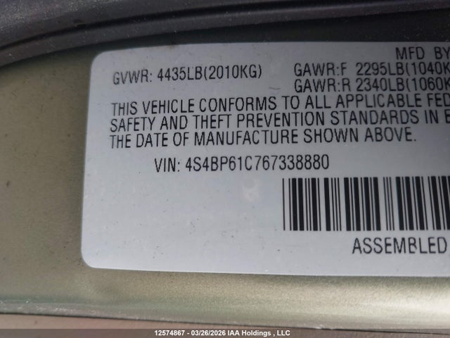 Aukcja sprzedaży 2006 Subaru Legacy Outback, vin: 4S4BP61C767338880, numer aukcji: 12574867