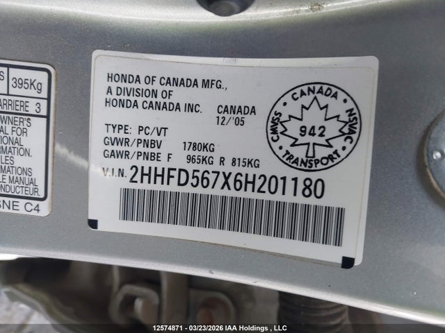 Aukcja sprzedaży 2006 Acura Csx Premium, vin: 2HHFD567X6H201180, numer aukcji: 12574871
