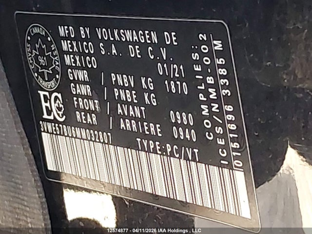 Продаж на аукціоні авто 2021 Volkswagen Jetta, vin: 3VWE57BU6MM032807, номер лоту: 12574877