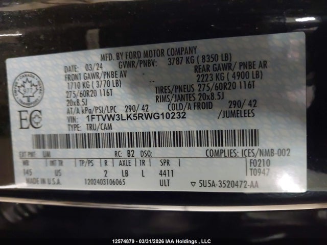 Продажа на аукционе авто 2024 Ford F-150 Lightning Xlt, vin: 1FTVW3LK5RWG10232, номер лота: 12574879