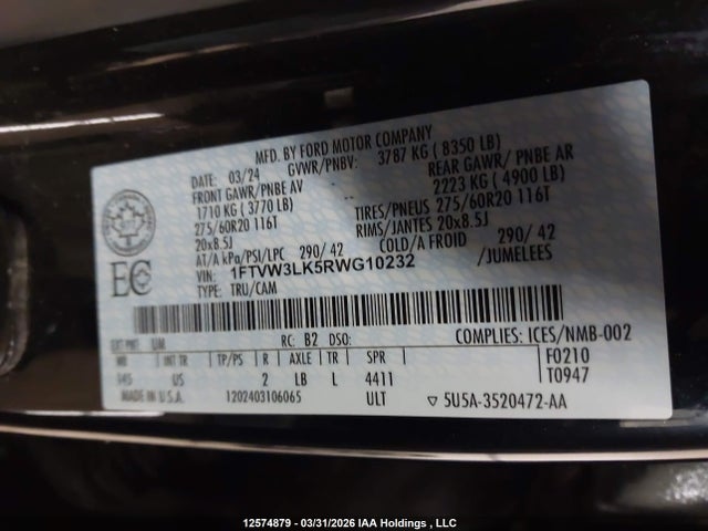 Продажа на аукционе авто 2024 Ford F-150 Lightning Xlt, vin: 1FTVW3LK5RWG10232, номер лота: 12574879