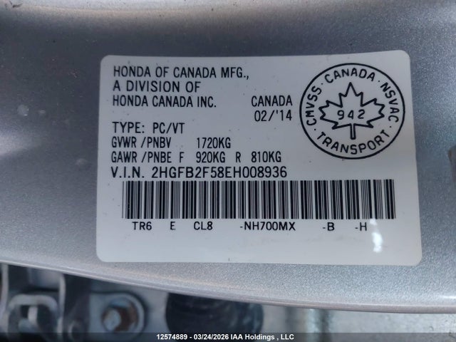 Honda Civic Lx 2014 2HGFB2F58EH008936 Image 9