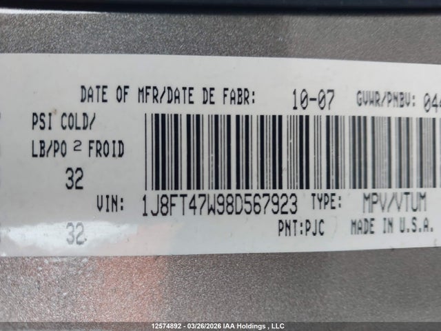 12574892 :رقم المزاد ، 1J8FT47W98D567923 vin ، 2008 Jeep Compass Sport/north مزاد بيع