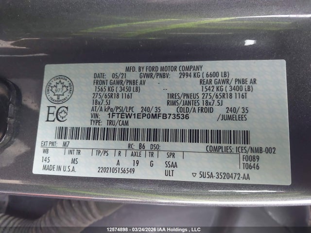 Продажа на аукционе авто 2021 Ford F150 Supercrew, vin: 1FTEW1EP0MFB73536, номер лота: 12574898