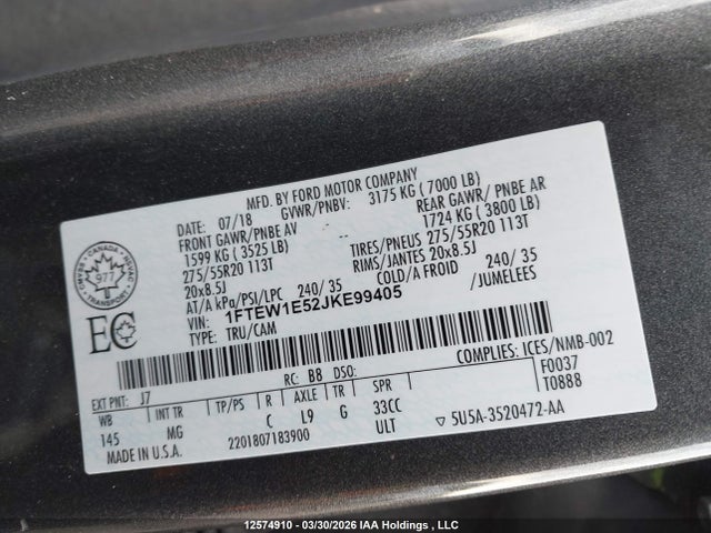 2018 Ford F150 Supercrew მანქანა იყიდება აუქციონზე, vin: 1FTEW1E52JKE99405, აუქციონის ნომერი: 12574910