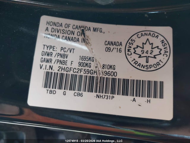 Продаж на аукціоні авто 2016 Honda Civic Sedan, vin: 2HGFC2F59GH039600, номер лоту: 12574915