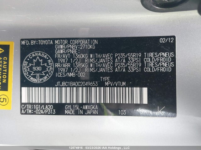 12574916 :رقم المزاد ، JTJBC1BA0C2049653 vin ، 2012 Lexus Rx 450 مزاد بيع