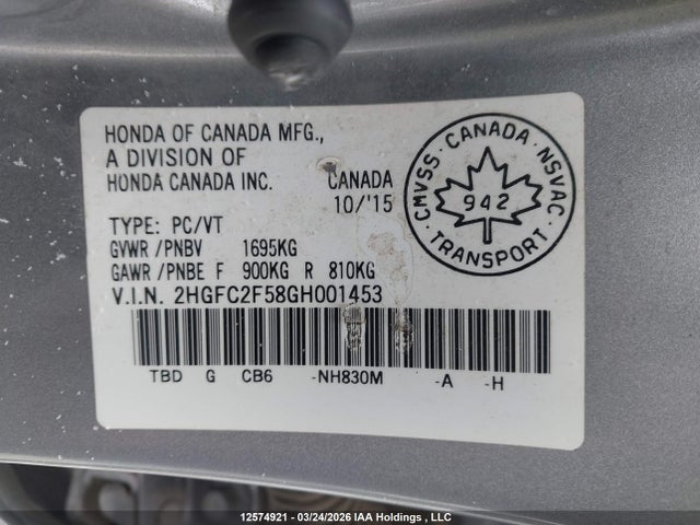 Продаж на аукціоні авто 2016 Honda Civic Lx, vin: 2HGFC2F58GH001453, номер лоту: 12574921