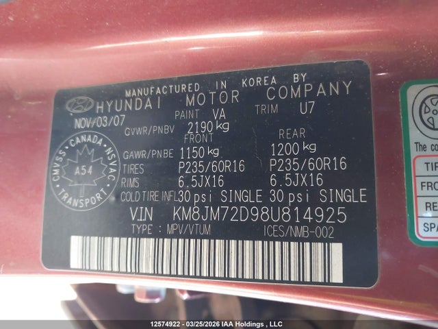 2008 Hyundai Tucson Gl/gls მანქანა იყიდება აუქციონზე, vin: KM8JM72D98U814925, აუქციონის ნომერი: 12574922