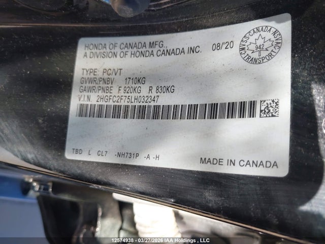 2020 Honda Civic Ex 4dr მანქანა იყიდება აუქციონზე, vin: 2HGFC2F75LH032347, აუქციონის ნომერი: 12574938