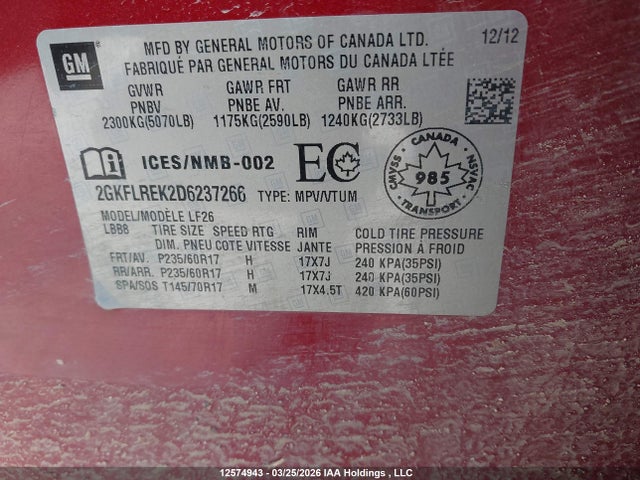 12574943 :رقم المزاد ، 2GKFLREK2D6237266 vin ، 2013 Gmc Terrain Sle-1 مزاد بيع
