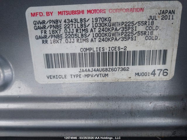 Aukcja sprzedaży 2011 Mitsubishi Rvr Gt, vin: JA4AJ4AU6BZ607362, numer aukcji: 12574946