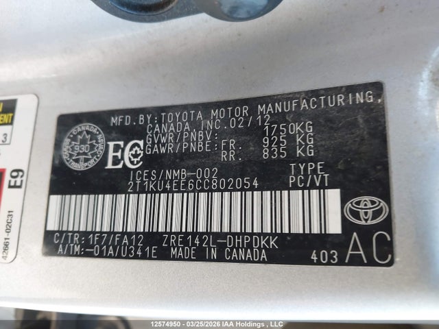 12574950 :رقم المزاد ، 2T1KU4EE6CC802054 vin ، 2012 Toyota Corolla Matrix مزاد بيع