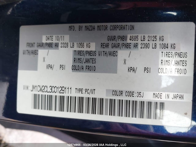 12574955 :رقم المزاد ، JM1CW2CL3C0129111 vin ، 2012 Mazda 5 مزاد بيع