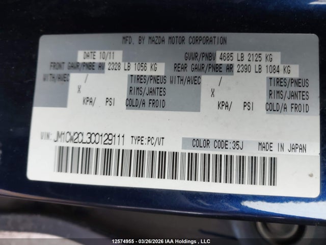 12574955 :رقم المزاد ، JM1CW2CL3C0129111 vin ، 2012 Mazda 5 مزاد بيع