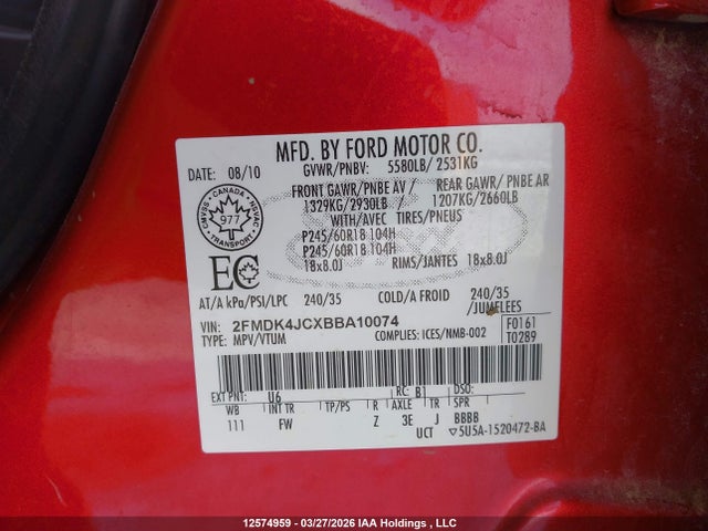Aukcja sprzedaży 2011 Ford Edge Sel, vin: 2FMDK4JCXBBA10074, numer aukcji: 12574959