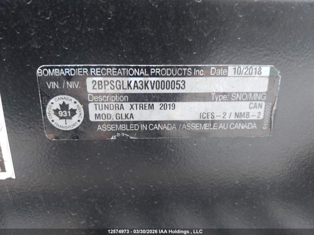 12574973 :رقم المزاد ، 2BPSGLKA3KV000053 vin ، 2018 Skidoo Tundra مزاد بيع